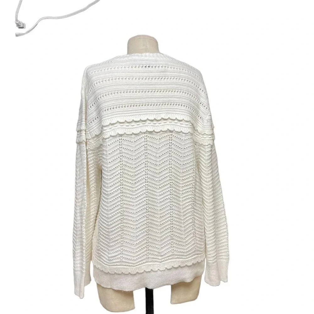 J. Crew Crewneck‎ Scalloped Pointelle Sweater Ivory Size XL
